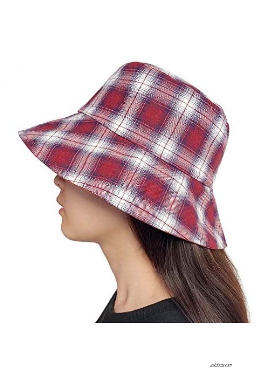 Bucket Hats Women Plaid Tartan Vintage Double-Side-Wear Reversible Fisherman Sun Visor Cap Wide-Brimmed Sports Hat Outdoor Classic Checkered Girl Boy Men（Red）