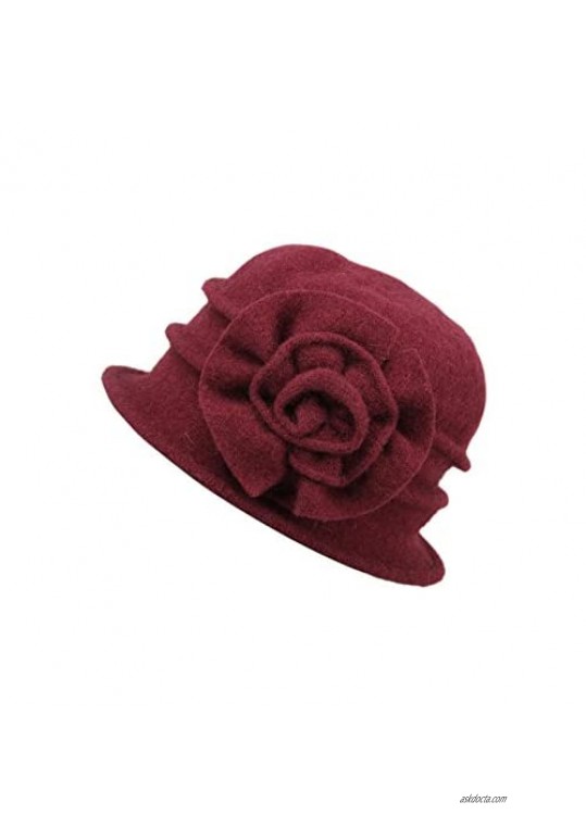 DANTIYA Womens Winter Warm Wool Cloche Bucket Hat Slouch Wrinkled Beanie Cap with Flower