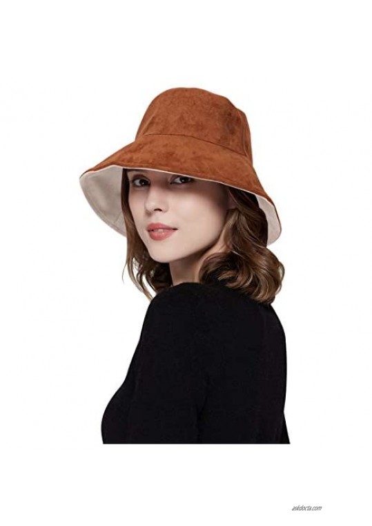 DOCILA Reversible Bucket Sun Hat for Women Plain Winter Autumn Velvet Fisherman Cap Wide Brim Visor Hats