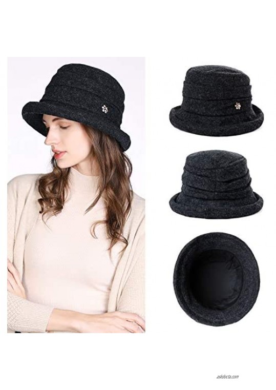 Jeff & Aimy Ladies Winter Wool Bucket Hat 1920s Vintage Cloche Bowler Hat Stylish Fedora Church Derby Dress Party Hat