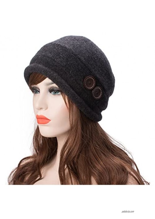Lawliet New Womens 100% Wool Slouchy Wrinkle Button Winter Bucket Cloche Hat T178