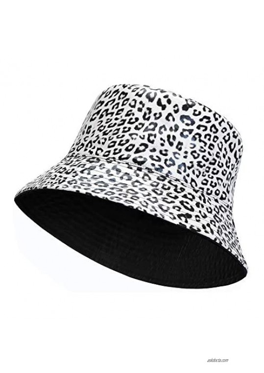 Leather Double Side Wear Leopard Bucket Hats for Women Men Shiny Trendy Black Sun Cap for Teens