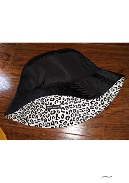 Leather Double Side Wear Leopard Bucket Hats for Women Men Shiny Trendy Black Sun Cap for Teens