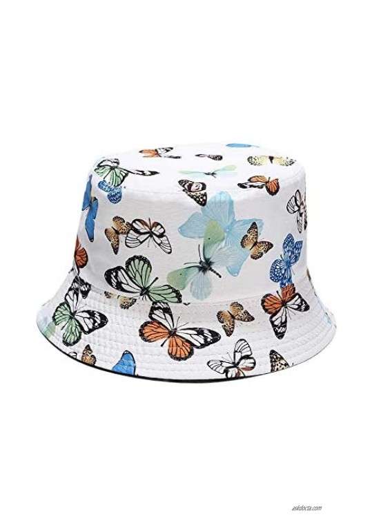 Mongous Womens Fashion Butterfly Print Bucket Hat Reversible Packable Beach Travel Cap