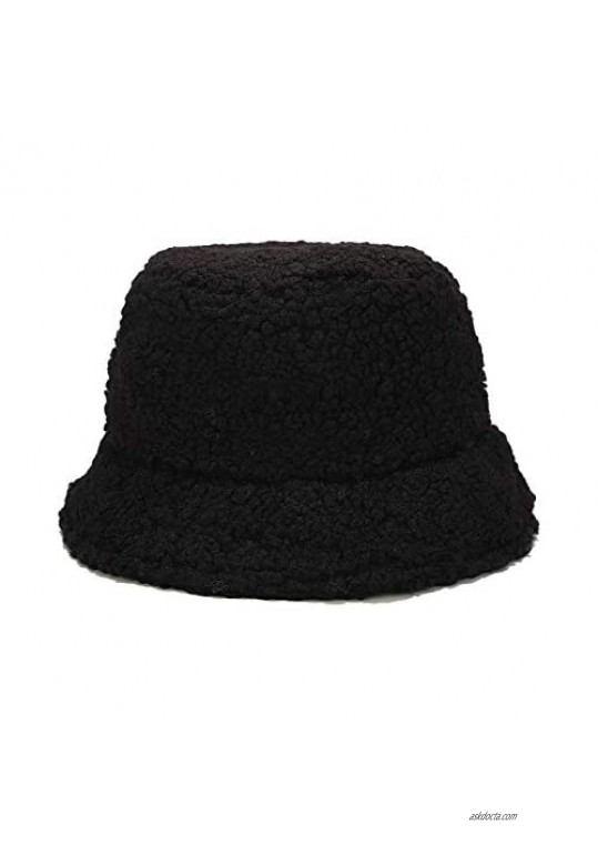 Newfancy Women Girls Winter Bucket Hat Curly Faux Fur Shearling Lambskin Fisherman Cap Warm Hat