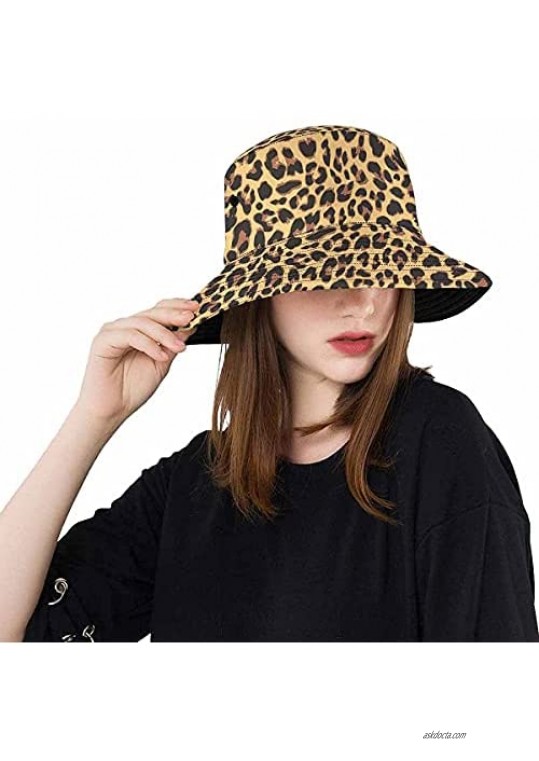 Reversible Leopard Bucket Hat for Women Summer Beach Sun Hat Fruit Black Boonie Fisherman Hat Yellow and Red Outdoor Cap