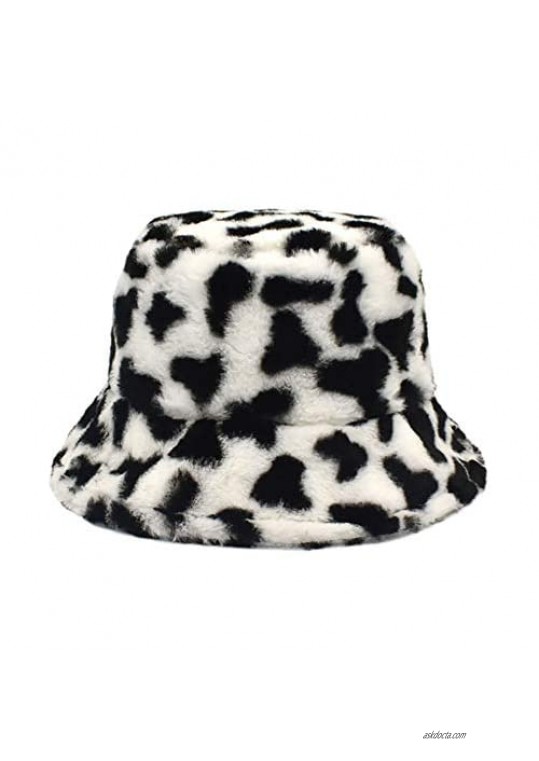Unisex Bucket Hats Faux Fur Fisherman Cap Leopard Zebra Milk Cow Print Warm Ladies Cap Outdoor Windproof Cap