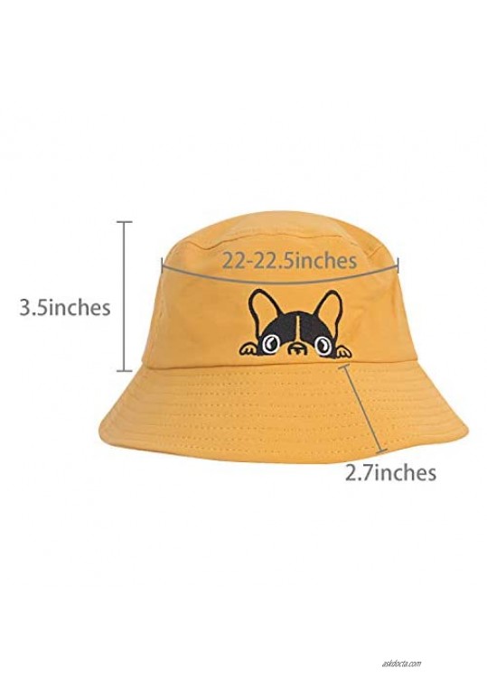 Unisex Cute Bulldog Print Cotton Bucket Hats Summer Beach Sun Hat Outdoor Cap Hat for Men/Women - Yellow