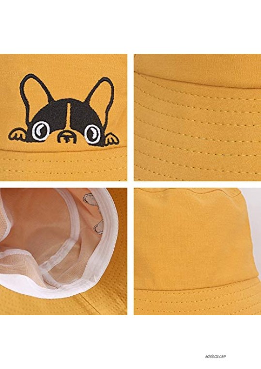 Unisex Cute Bulldog Print Cotton Bucket Hats Summer Beach Sun Hat Outdoor Cap Hat for Men/Women - Yellow