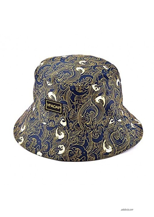 Unisex Fashion Reversible Reversible Fish Hat with Wave Embroidery Pattern Golfing Hiking Fisherman Golf Beach Sun Hats Black