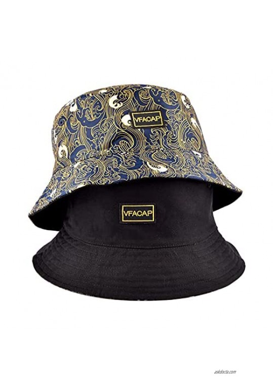 Unisex Fashion Reversible Reversible Fish Hat with Wave Embroidery Pattern Golfing Hiking Fisherman Golf Beach Sun Hats Black