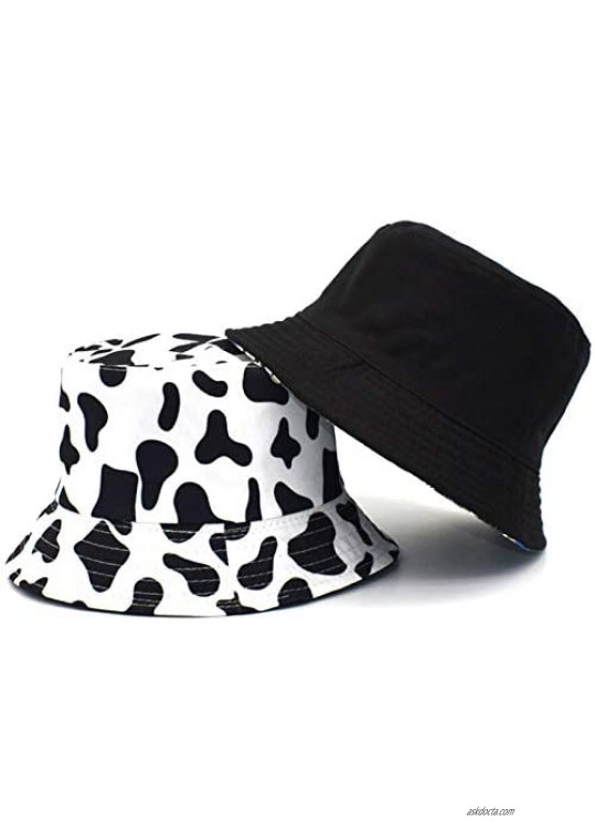 Unisex Print Double-Sided Bucket Hat Sun Hat Cotton UV Beach Hat Travel Cap