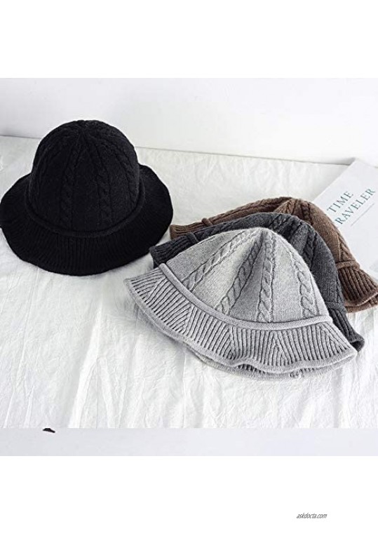 Vpang Winter Knitted Wool Hat Women Bucket Hat Foldable Bow Warm Soft Cloche Cap