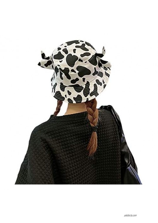 Women Cute Cow Print Bucket Hat Fisherman Hat Travel Beach Sun Hat Cap with Cute Horns Ears