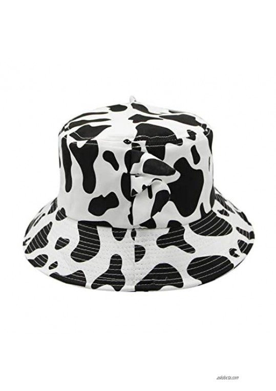 Women Cute Cow Print Bucket Hat Fisherman Hat Travel Beach Sun Hat Cap with Cute Horns Ears