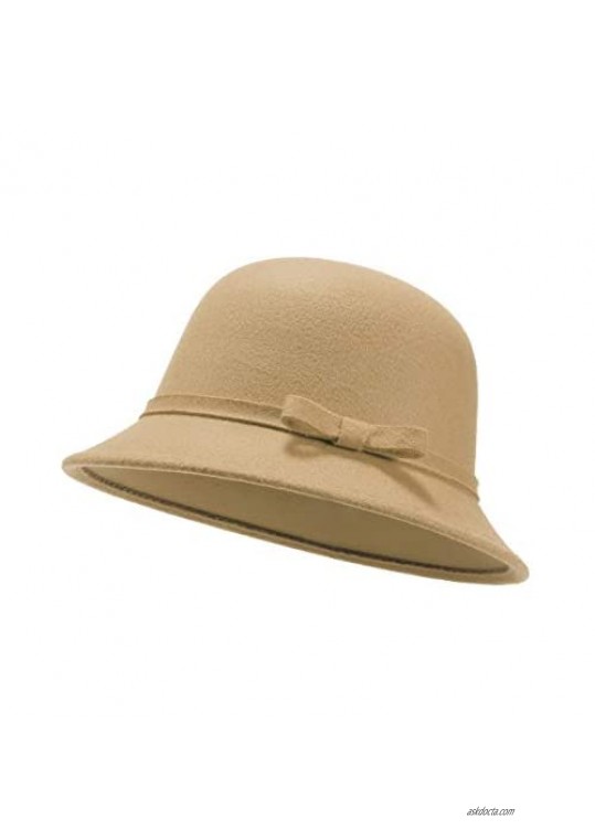 Women Felt Hat Bucket Hat Adjustable Vintage Bowler Suede Wool Hat with Bowknot