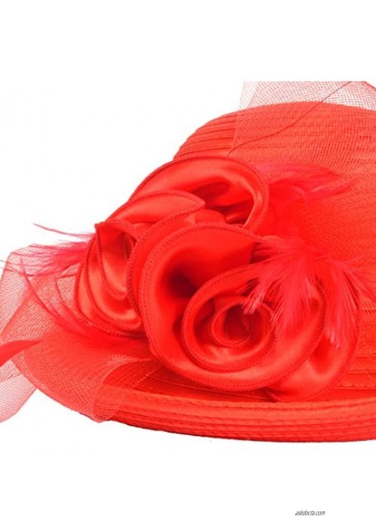 Women Kentucky Derby Church Dress Cloche Hat Fascinator Floral Tea Party Wedding Bucket Hat S052 (S608-Red)