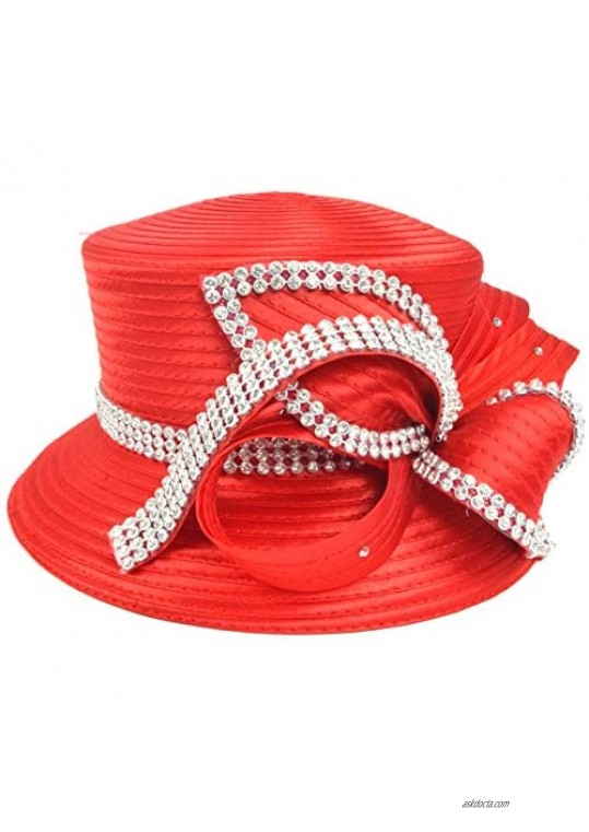 Women Kentucky Derby Church Dress Cloche Hat Fascinator Floral Tea Party Wedding Bucket Hat S052 (SD707-Red)