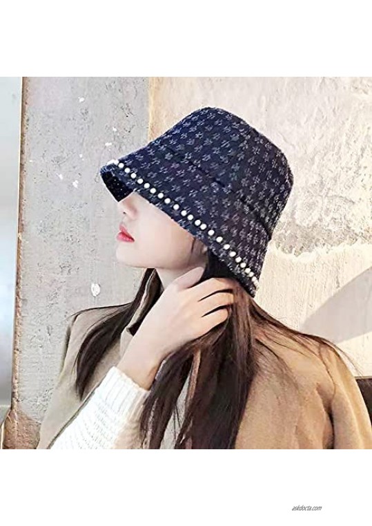 Women Pearl Bucket Hat Classic Denim Fashion Design Summer Shopping Packable Sun Hat Cap