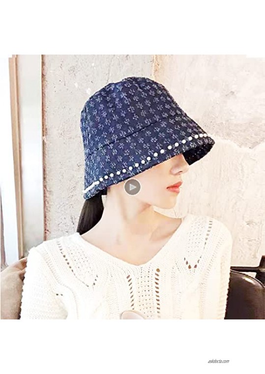Women Pearl Bucket Hat Classic Denim Fashion Design Summer Shopping Packable Sun Hat Cap