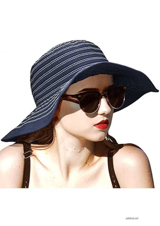 Women Summer Beach Hat Packable Striped Floppy Wide Brim Sun Protection Travel Hats