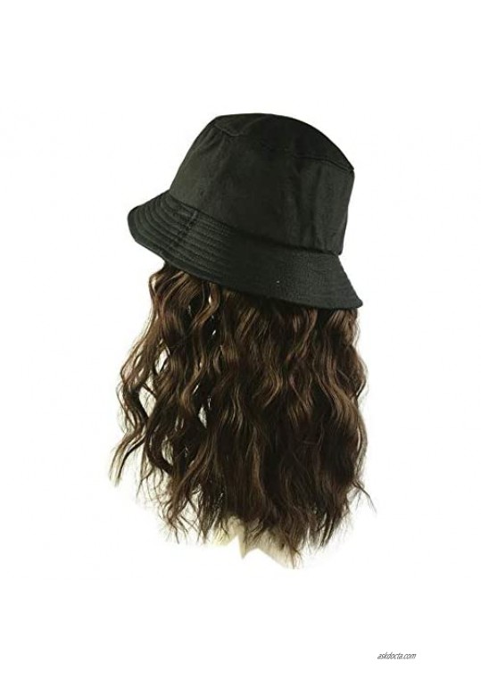 Women's Bucket Hats with Hair Extension Attached Bucket Hat Long Straight Wig Corn Wig Curly Hair