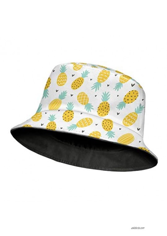 Womens Pineapple and Hearts Bucket Hat Stylish Cotton Fisherman Hat Portable Travel Beach Sun Hat