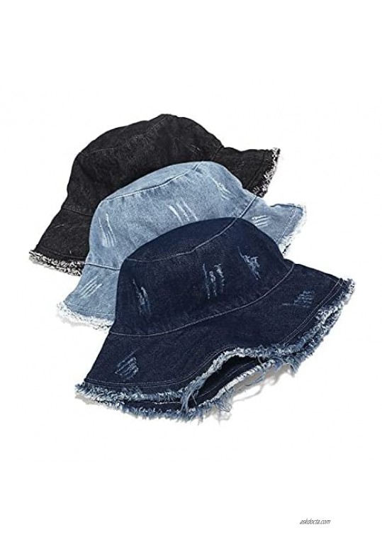 Womens Raw Hem Bucket Hats Summer Wide Brim Sun Hat Foldable Packable for Beach Vacation Travel Outdoors (Black 2)