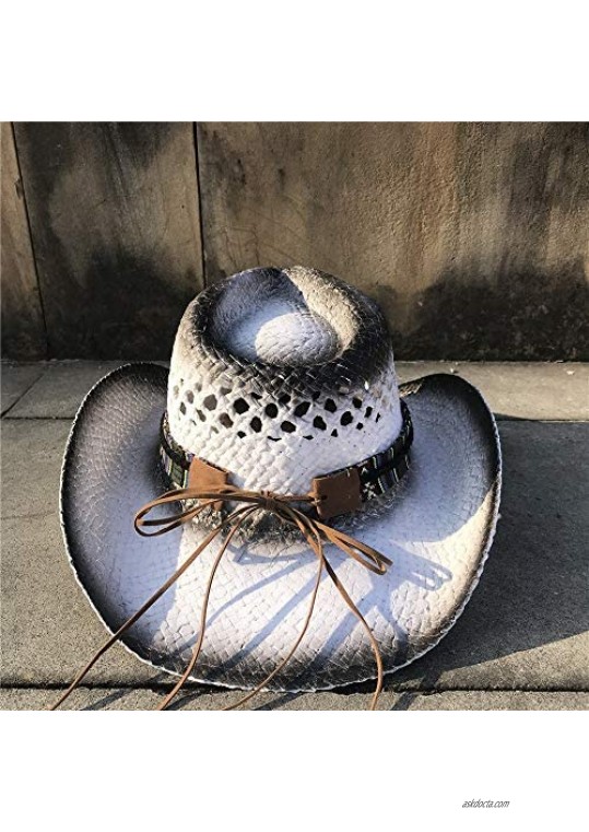 2019 Unisex Hand-Woven Visor Hat Hollow Shade Jazz Hat Retro Silver Western Cowboy Straw Hat Classic Cowboy hat (Color : Black Size : 56-58)