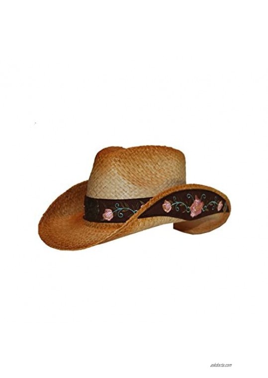 Bella-Natural Straw Cowgirl/Cowboy Hat with Pink Rose Embroidery