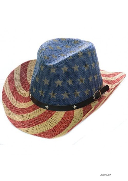 Fourever Funky American Flag Star Studded Unisex Drifter Cowboy Hat Natural Stars and Stripes Blue