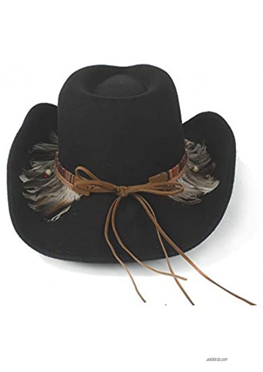 HXGAZXJQ Women Wool Hollow Western Cowboy Hat Elegant Lady Roll Up Brim Fascinator Sombrero Jazz Cap with Feather Band (Color : Black Size : 56-59cm)