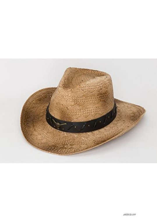 jAc Jacobson Straw Cowboy Hat - Woven Western Hat with Studded Band and Steer Emblem
