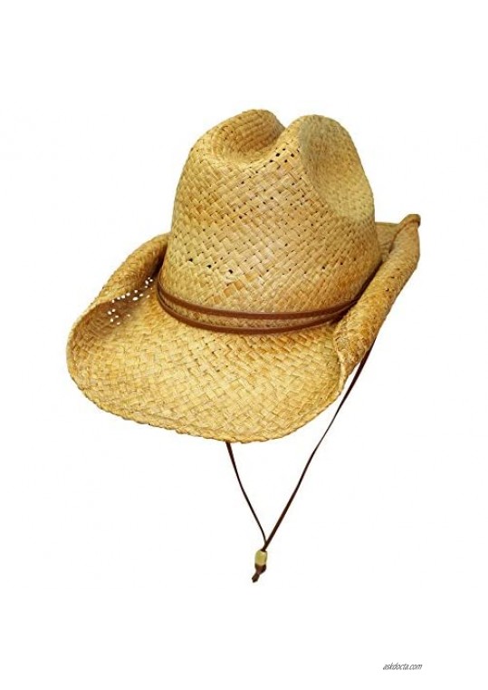 Luxury Divas Bended Brim Rocker Style Distressed Straw Cowboy Hat with Chin Cord