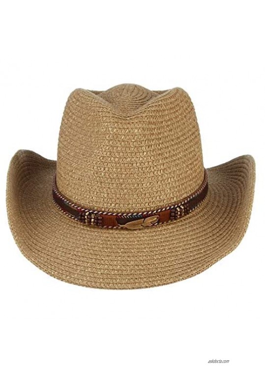 ManxiVoo Men Women Retro Western Cowboy Hat Leather Belt Wide Brim Straw Cap Hat Riding Hat