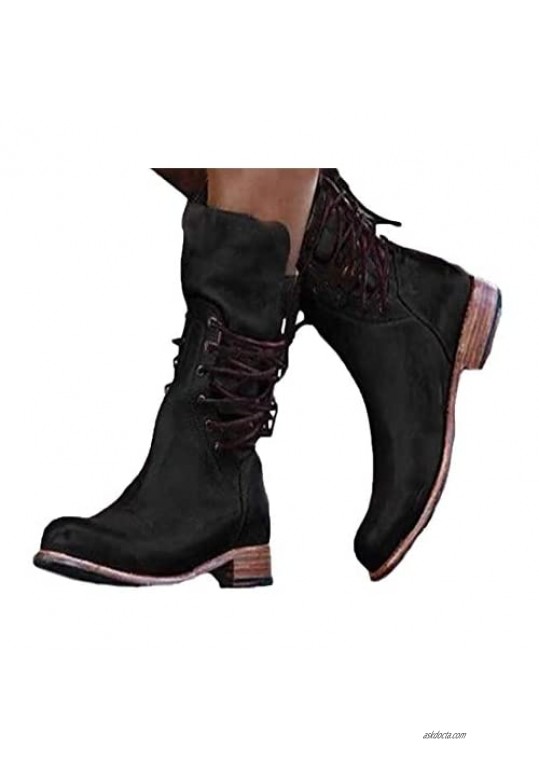 NAISI Women's Lace-Up Ankle Booties Stacked Heel Western Combat Boots Ladies Retro Motorcycle Short Boot