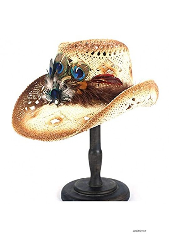 SHAONANSHI Women Straw Western Cowboy Hat Lady Handmade Peacock Feather Beach Cowgirl Jazz Sun Hat Size 56-58CM Adjust (Color : Beige Size : 56-58)