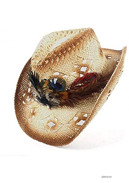 SHAONANSHI Women Straw Western Cowboy Hat Lady Handmade Peacock Feather Beach Cowgirl Jazz Sun Hat Size 56-58CM Adjust (Color : Beige Size : 56-58)