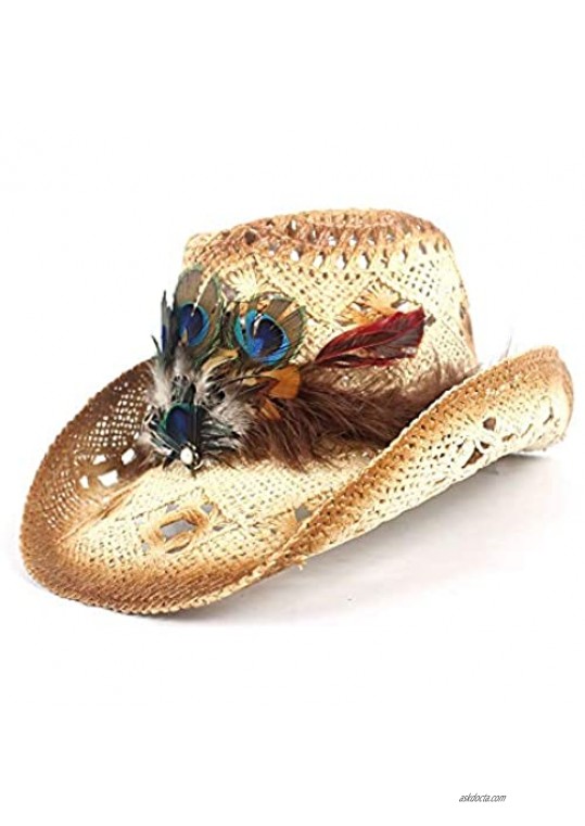 SHAONANSHI Women Straw Western Cowboy Hat Lady Handmade Peacock Feather Beach Cowgirl Jazz Sun Hat Size 56-58CM Adjust (Color : Beige  Size : 56-58)