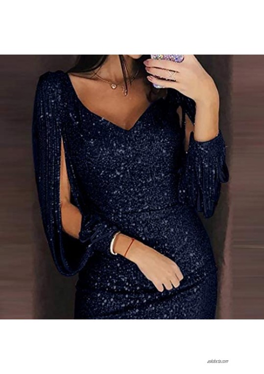 WOCACHI Dresses for Womens Women Sexy Solid Sequined Stitching Shining Club Sheath Long Sleeved Mini Dress