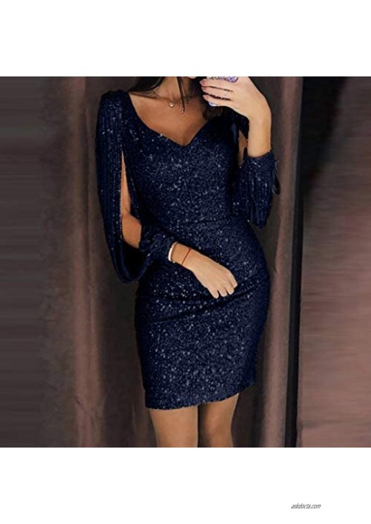 WOCACHI Dresses for Womens Women Sexy Solid Sequined Stitching Shining Club Sheath Long Sleeved Mini Dress