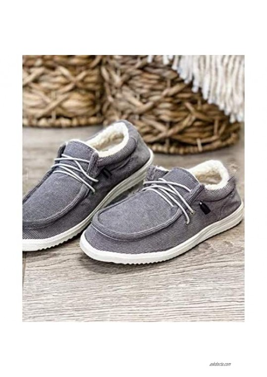 Womens Comfy Flat Heel Canvas Shoes Fuzzy Warm Fleece Lining Moccasin Slippers Loafers Indoor Outdoor Sneakers
