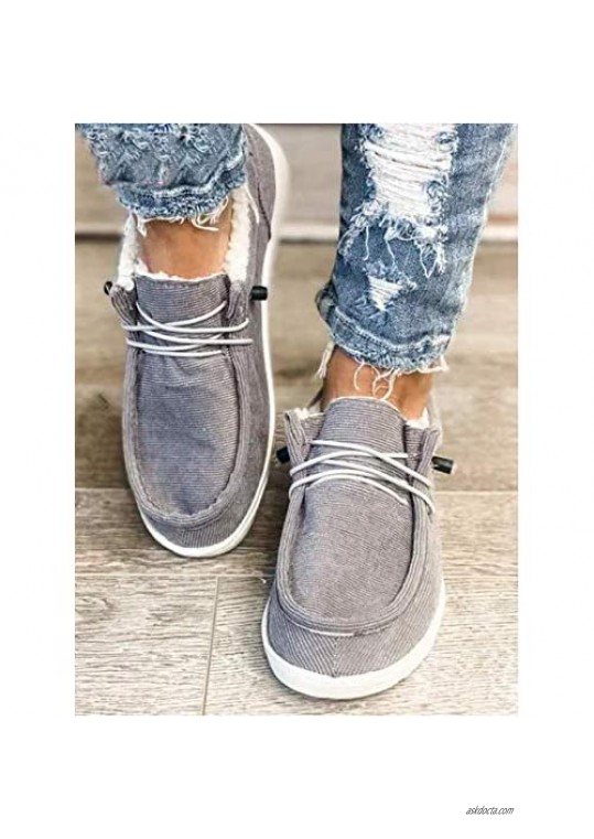 Womens Comfy Flat Heel Canvas Shoes Fuzzy Warm Fleece Lining Moccasin Slippers Loafers Indoor Outdoor Sneakers