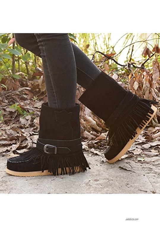 Women's Western Ankle Boots Tassels Suede Flat Low Heel Bootie Vintage Fringe Slip on Round Toe Shoes