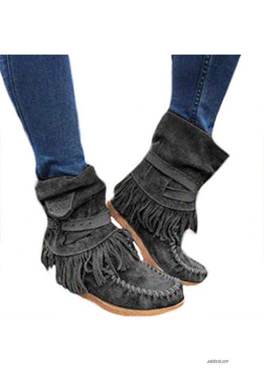 Women's Western Ankle Boots Tassels Suede Flat Low Heel Bootie Vintage Fringe Slip on Round Toe Shoes