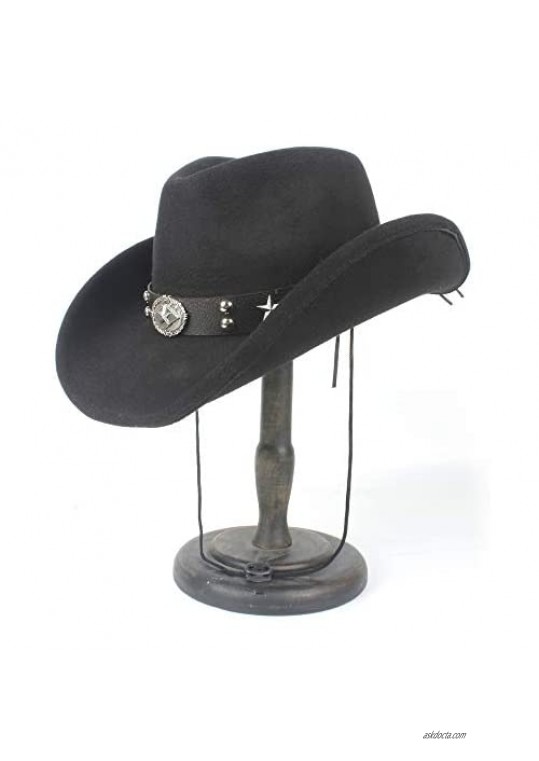 YXhats Fashion Unisex Star Crushable Wool Leather Western Cowboy Hat with Strap Dress up Caps