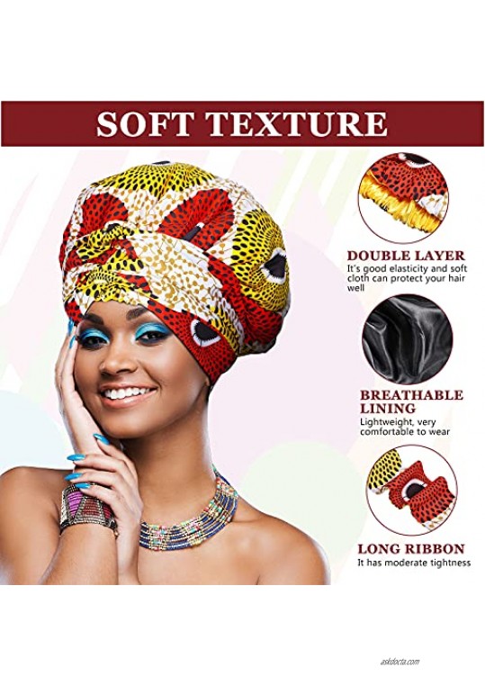 2 Pieces African Print Satin Bonnet for Women (Black and Yellow Wave Pattern)
