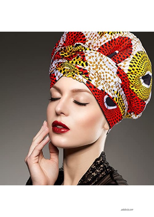 2 Pieces African Print Satin Bonnet for Women (Black and Yellow Wave Pattern)