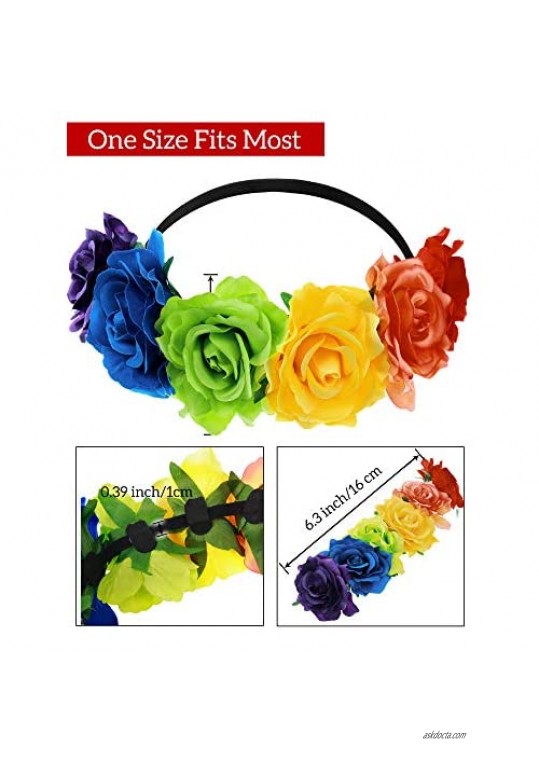 2 Pieces Hawaiian Stretch Rose Flower Headband Mexican Hair Wreath Floral Crown for Garland Party Women Girls