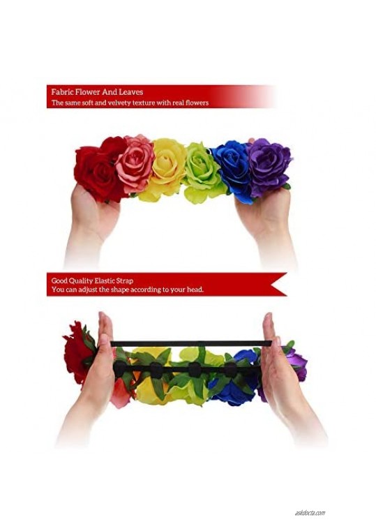 2 Pieces Hawaiian Stretch Rose Flower Headband Mexican Hair Wreath Floral Crown for Garland Party Women Girls